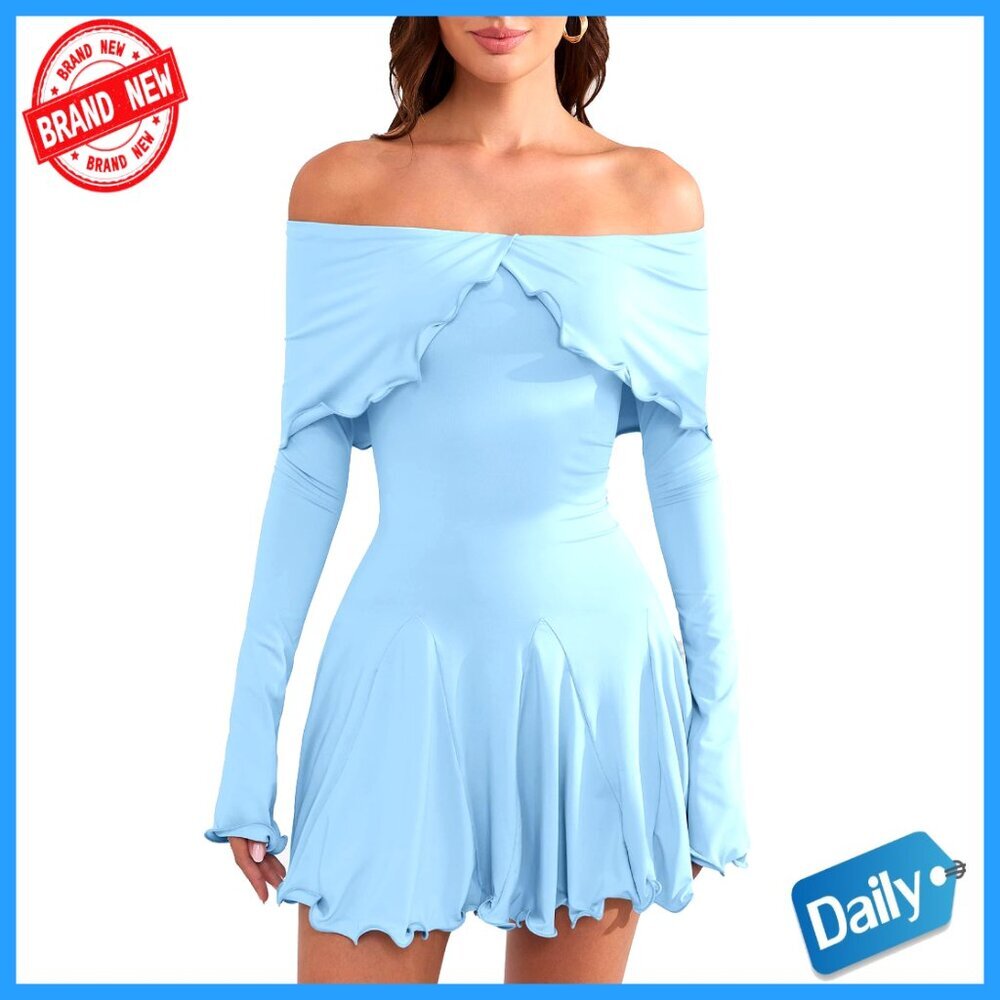 Off Shoulder Bodycon Mini Dress Long Sleeve Ruffle Pleated Cocktail Party